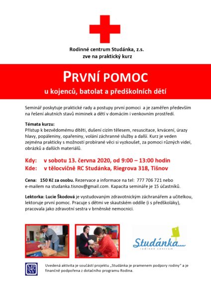 Plakát akce: První pomoc u kojenců, batolat a předškolních dětí – základní kurz (přeloženo z 4. 4. 2020)