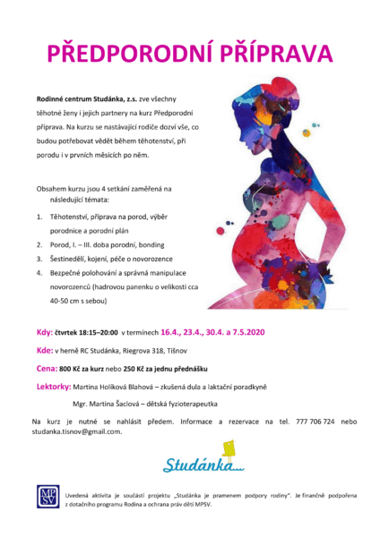 Plakát akce: Předporodní příprava – začínáme 16.4.2020 – formou videokonferencí