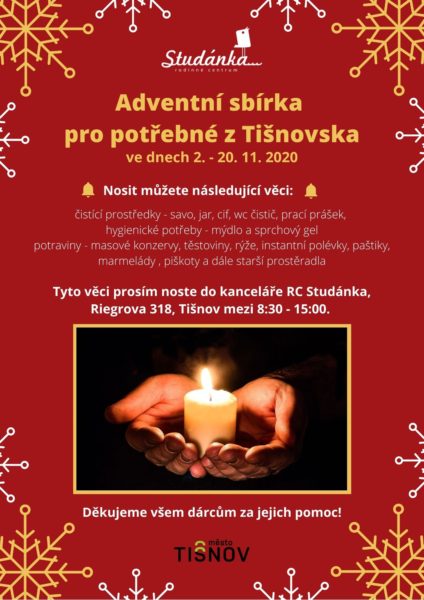 Plakát akce: Adventní sbírka pro potřebné z Tišnovska