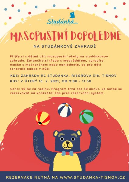 Plakát akce: Masopustní dopoledne na studánkové zahradě
