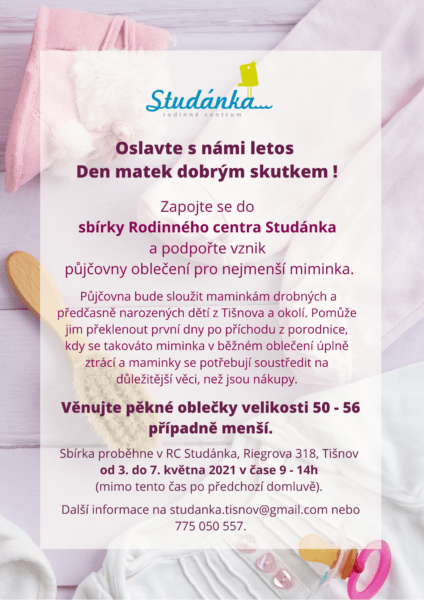 Plakát akce: Sbírka oblečení pro miminka ke Dni matek 3. – 7.5.2021