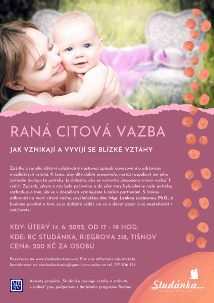 Plakát akce: Raná citová vazba: Jak vznikají a vyvíjí se blízké vztahy