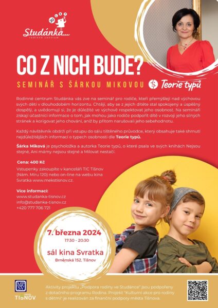 Plakát akce: Co z nich bude? – seminář s Šárkou Mikovou