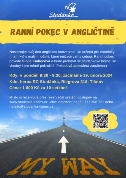 Plakát akce: Ranní pokec v angličtině – začínáme 19. 2. 2024