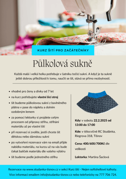 Plakát akce: Kurz šití pro začátečníky – půlkolová sukně
