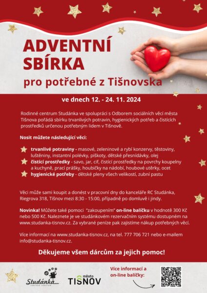 Plakát akce: Adventní sbírka pro potřebné z Tišnovska